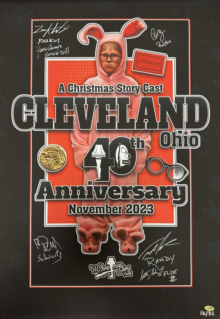 A Christmas Story 40th Limited Edition Cleveland 24x36 Poster Signed By 6 P. Billingsley “Ralphie” - S. Schwartz “Flick” - I. Petrella “Randy” - Z. Ward “Scut Farkus” - Y. Anaya “Grover Dill” - RD Robb “Schwartz" Limited Edition Of 8 Ever Signed